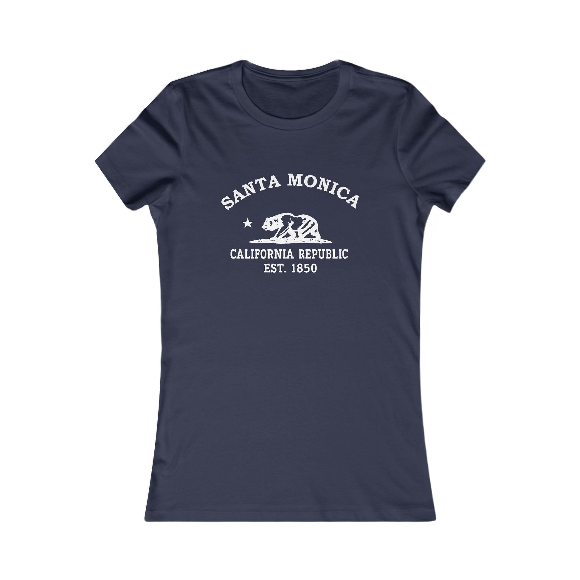 Santa Monica California Vintage Style Womens Fitted Ringspun Cotton Tee - White Retro Bear Logo, Navy
