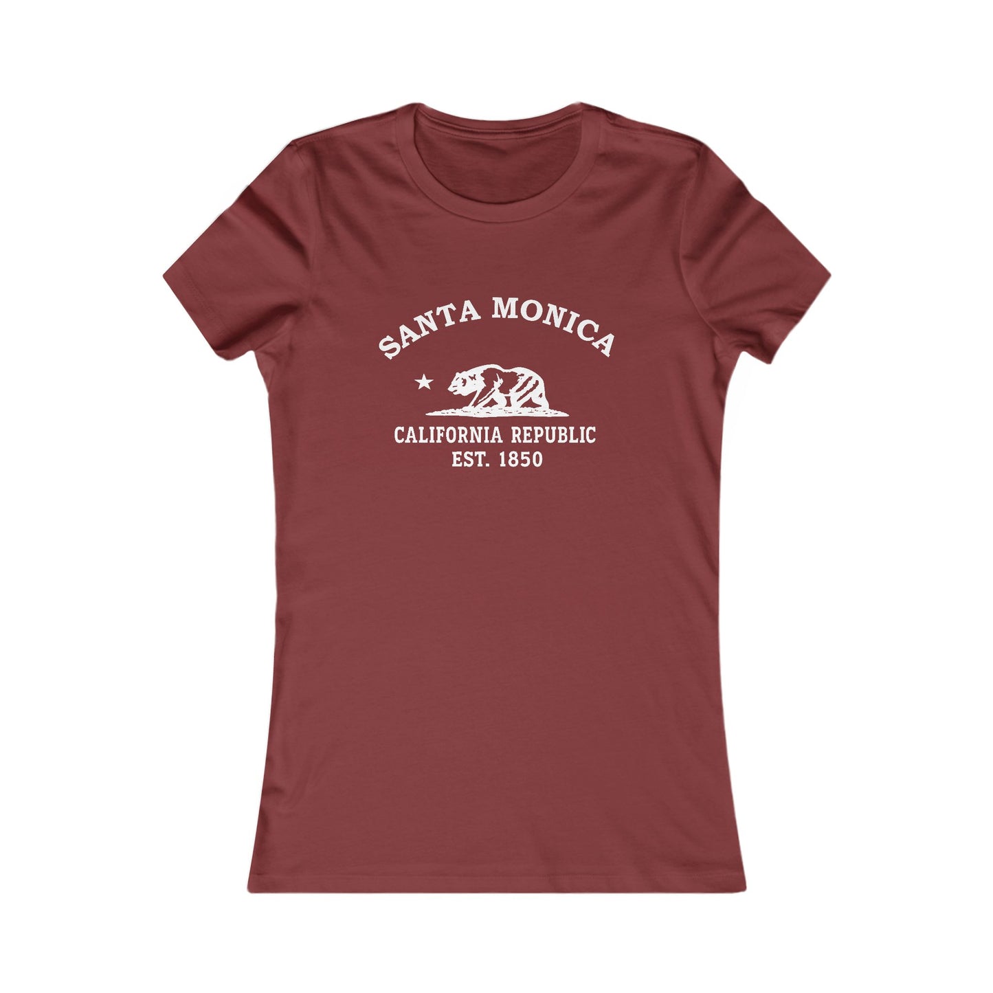 Santa Monica California Vintage Style Womens Fitted Ringspun Cotton Tee - White Retro Bear Logo, Cardinal