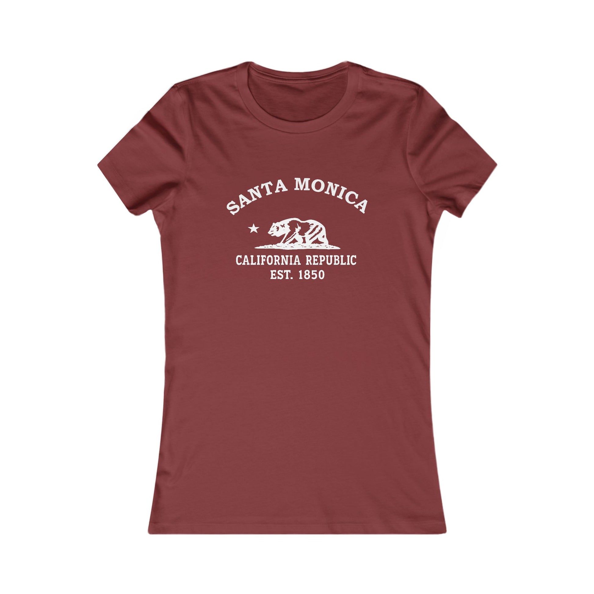 Santa Monica California Vintage Style Womens Fitted Ringspun Cotton Tee - White Retro Bear Logo, Cardinal