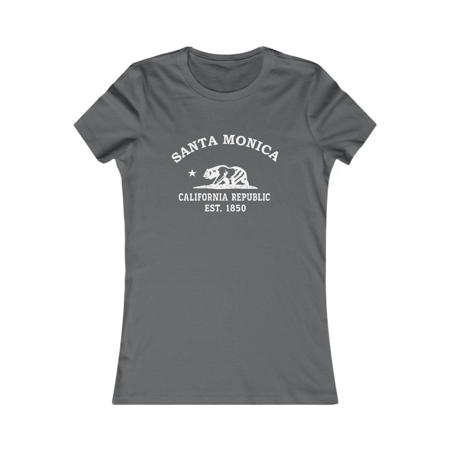 Santa Monica California Vintage Style Womens Fitted Ringspun Cotton Tee - White Retro Bear Logo, Asphalt