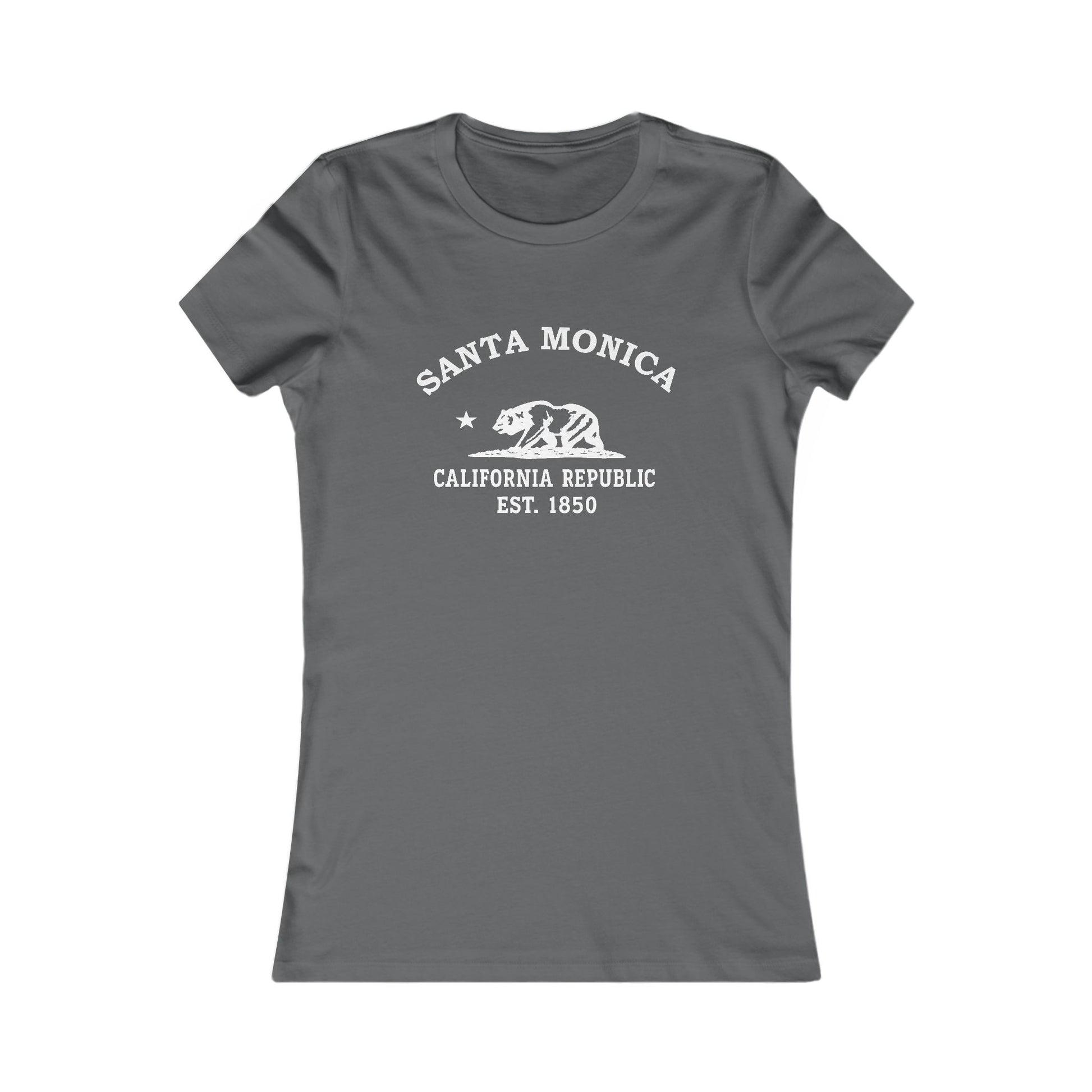 Santa Monica California Vintage Style Womens Fitted Ringspun Cotton Tee - White Retro Bear Logo, Asphalt