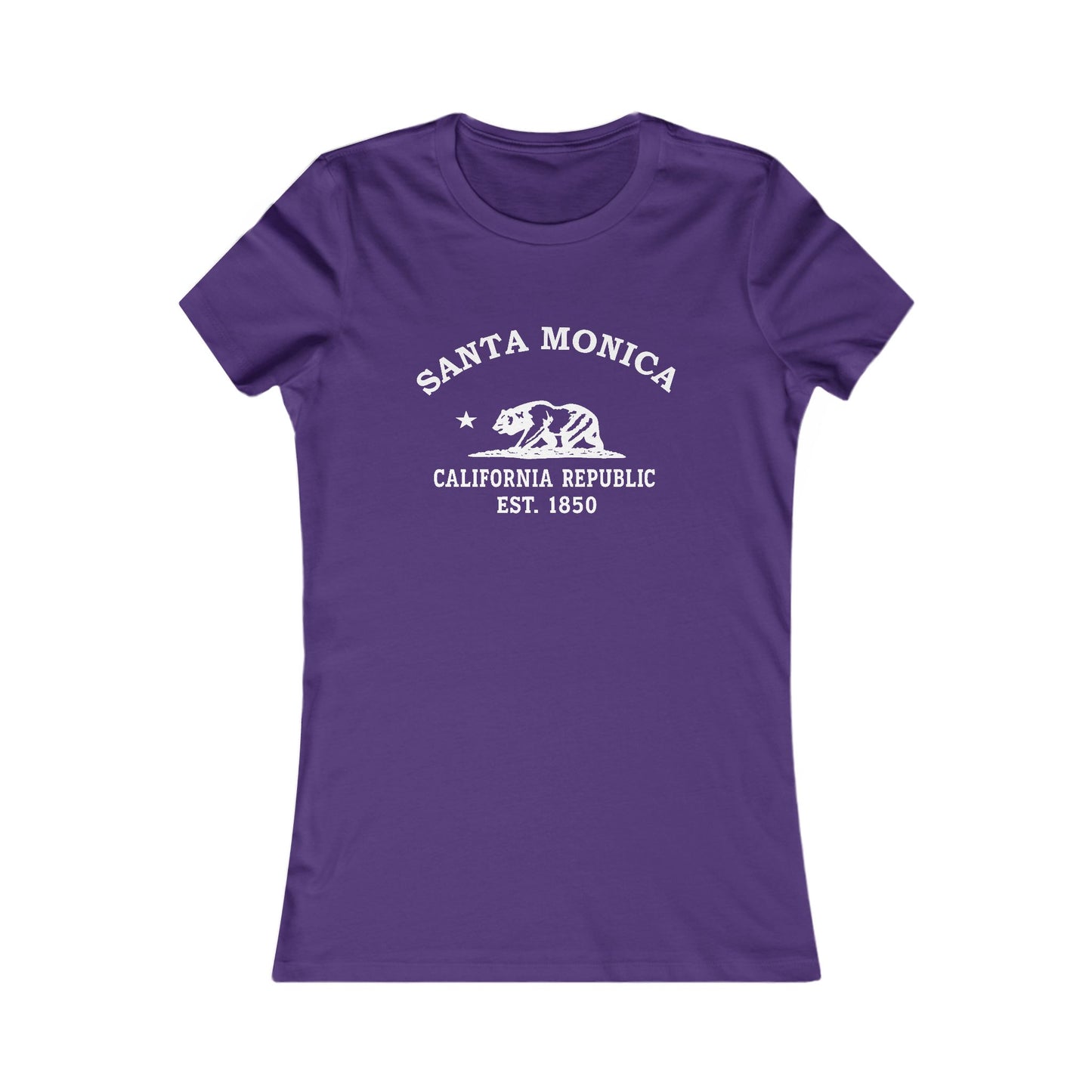 Santa Monica California Vintage Style Womens Fitted Ringspun Cotton Tee - White Retro Bear Logo, Team Purple