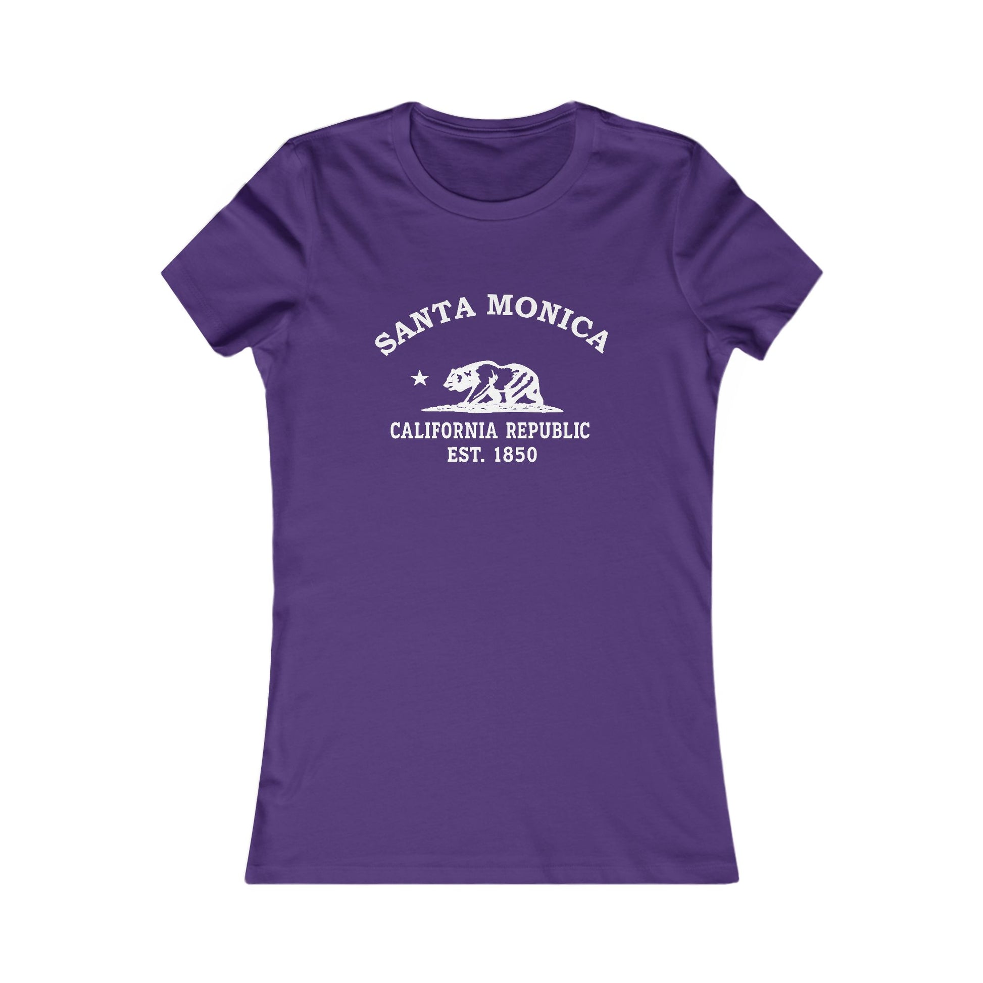 Santa Monica California Vintage Style Womens Fitted Ringspun Cotton Tee - White Retro Bear Logo, Team Purple