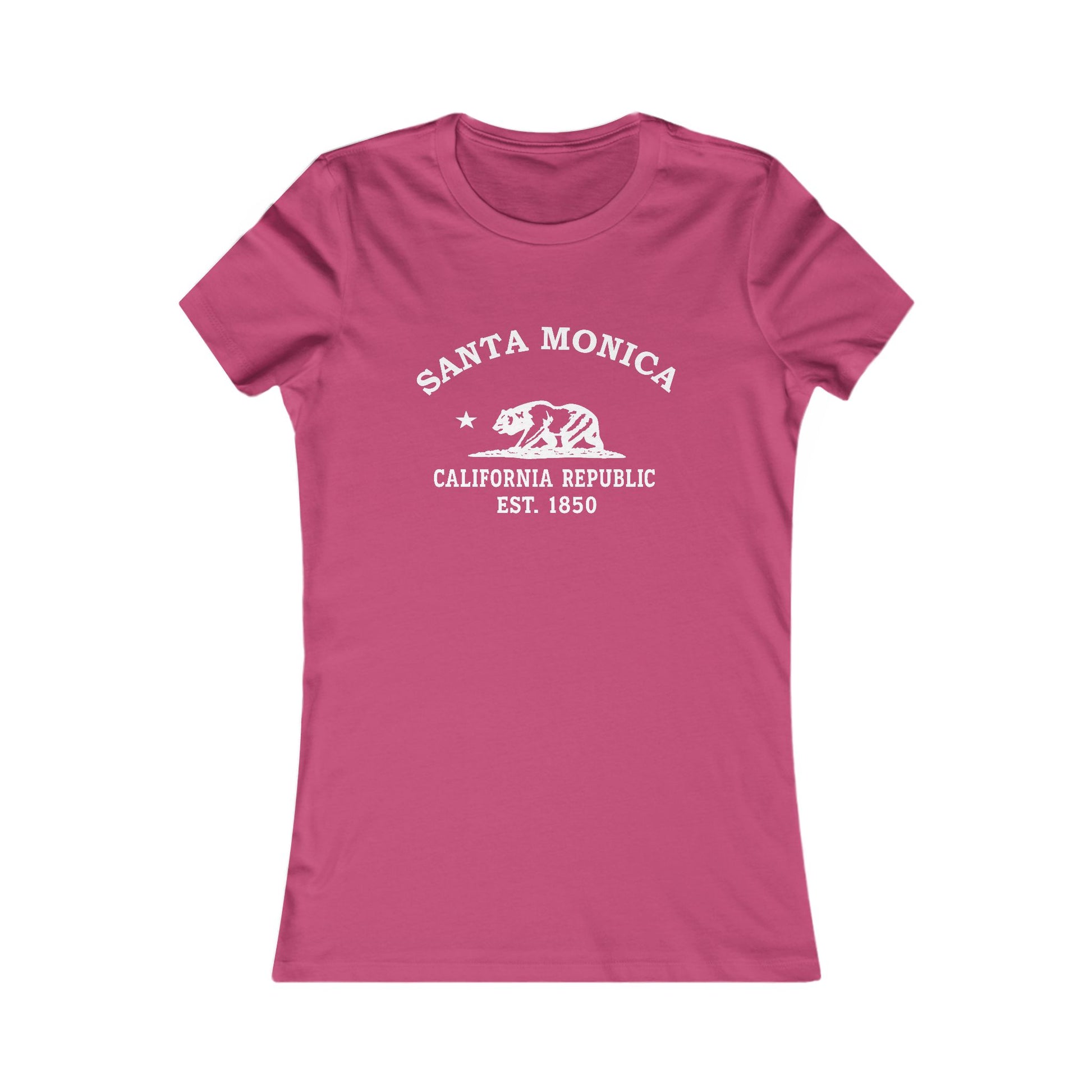 Santa Monica California Vintage Style Womens Fitted Ringspun Cotton Tee - White Retro Bear Logo, Berry