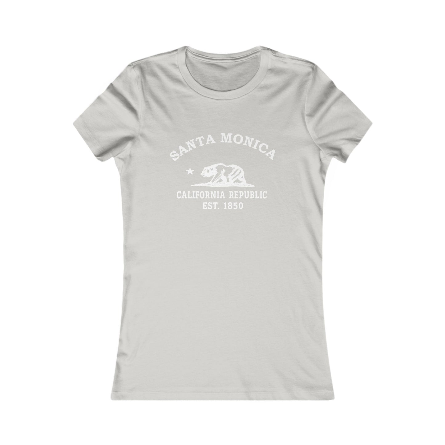 Santa Monica California Vintage Style Womens Fitted Ringspun Cotton Tee - White Retro Bear Logo, Silver