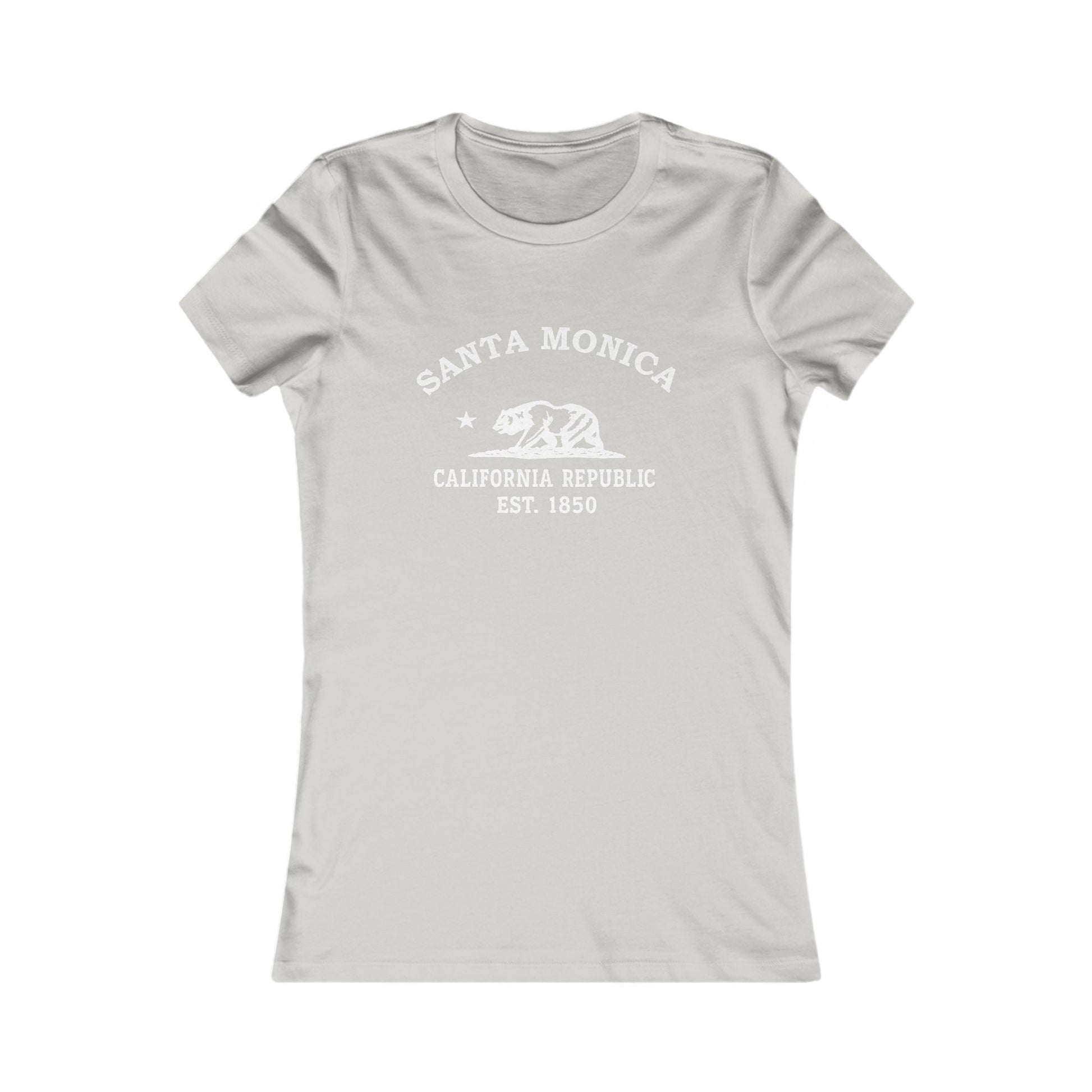 Santa Monica California Vintage Style Womens Fitted Ringspun Cotton Tee - White Retro Bear Logo, Silver