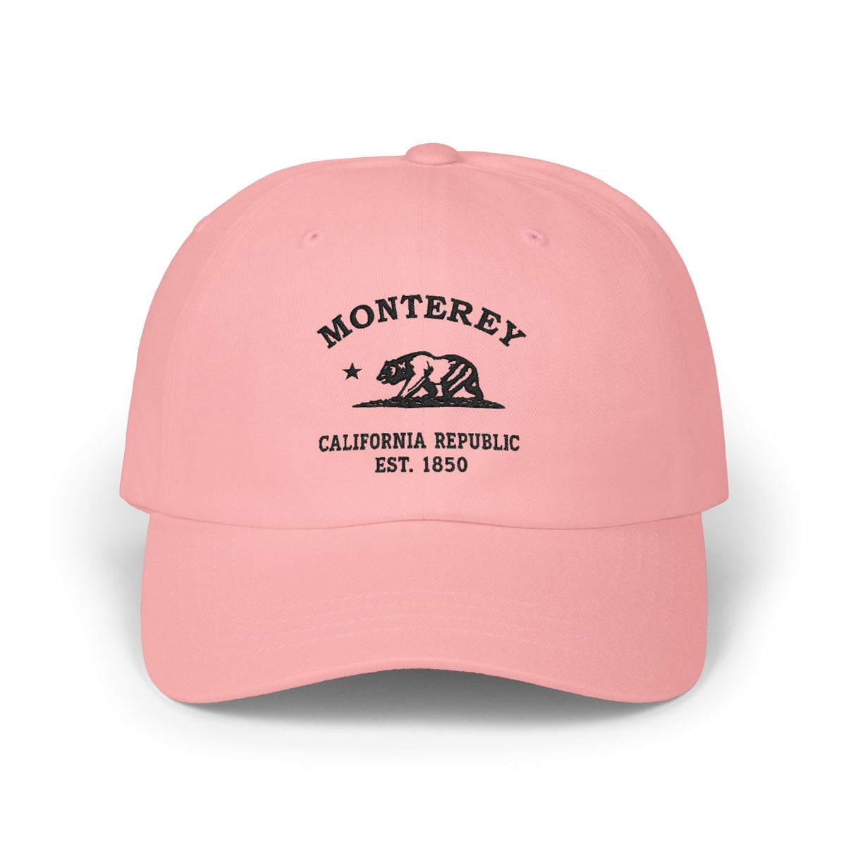 Monterey California Vintage Retro Embroidered Cotton Cap, Pink, Black Logo