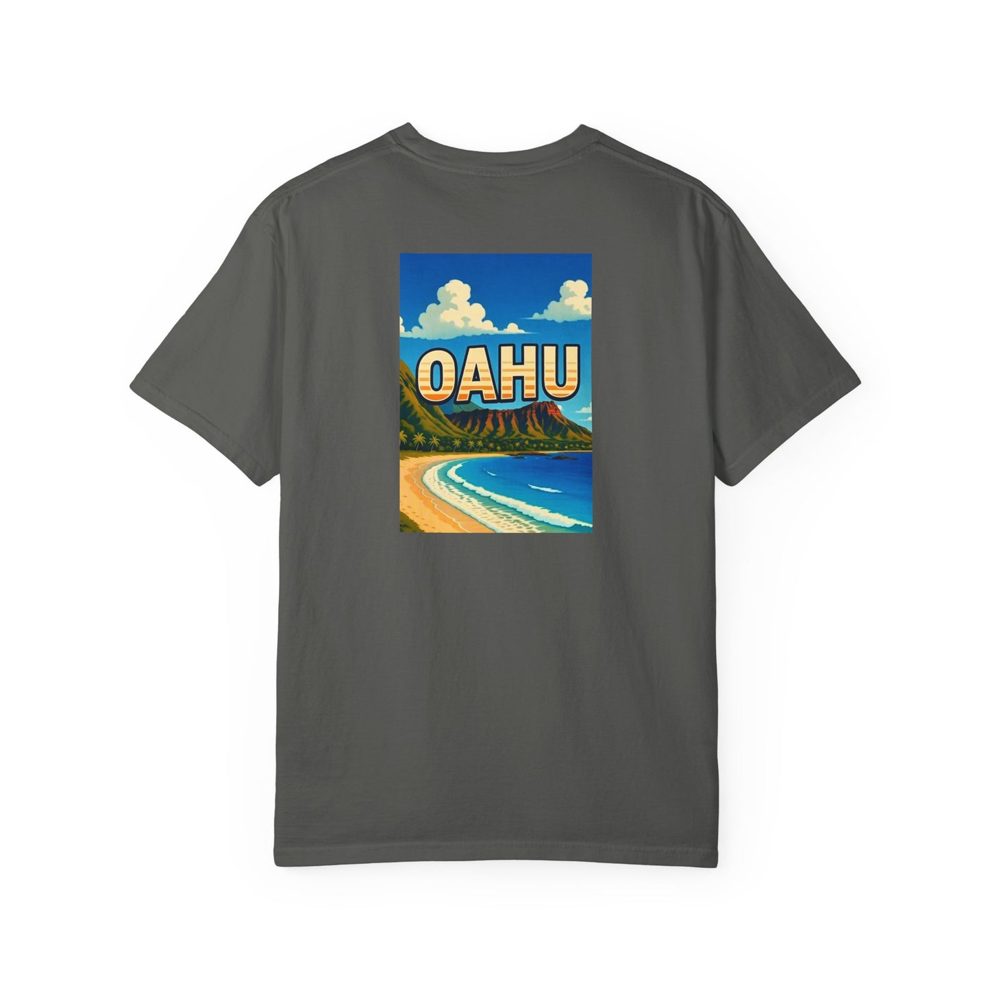 Oahu Hawaii Vintage Retro Back Printed Art Series Cotton Tee - Black Logo