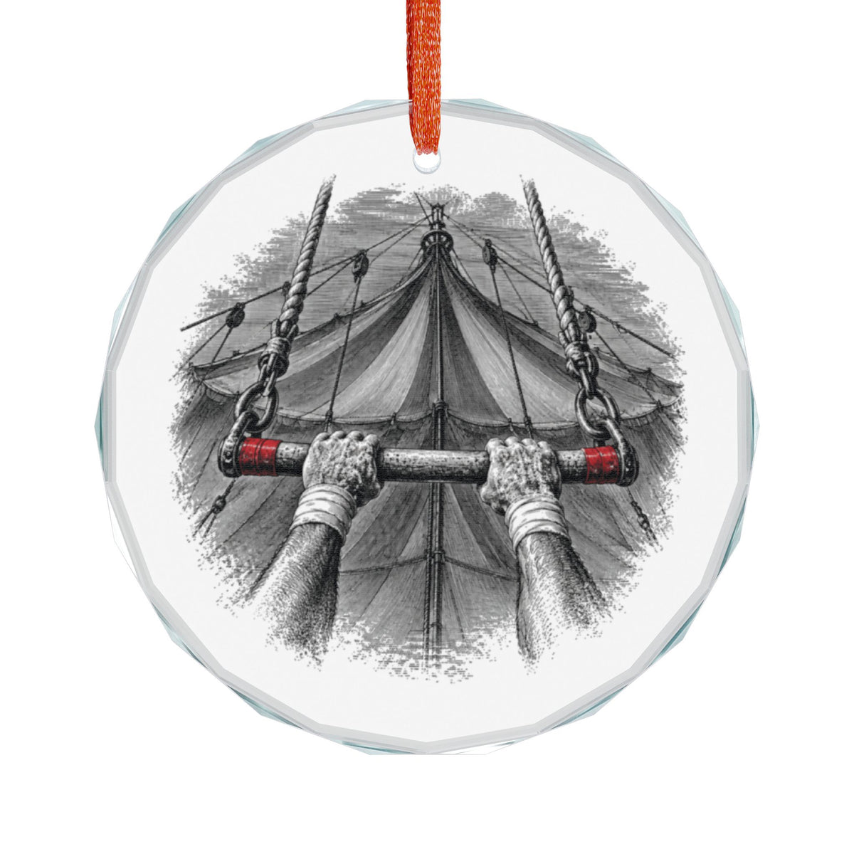 Sarasota Florida Holiday Ornament, Circus Trapeze, Crystal Glass Ornament Hanging on White