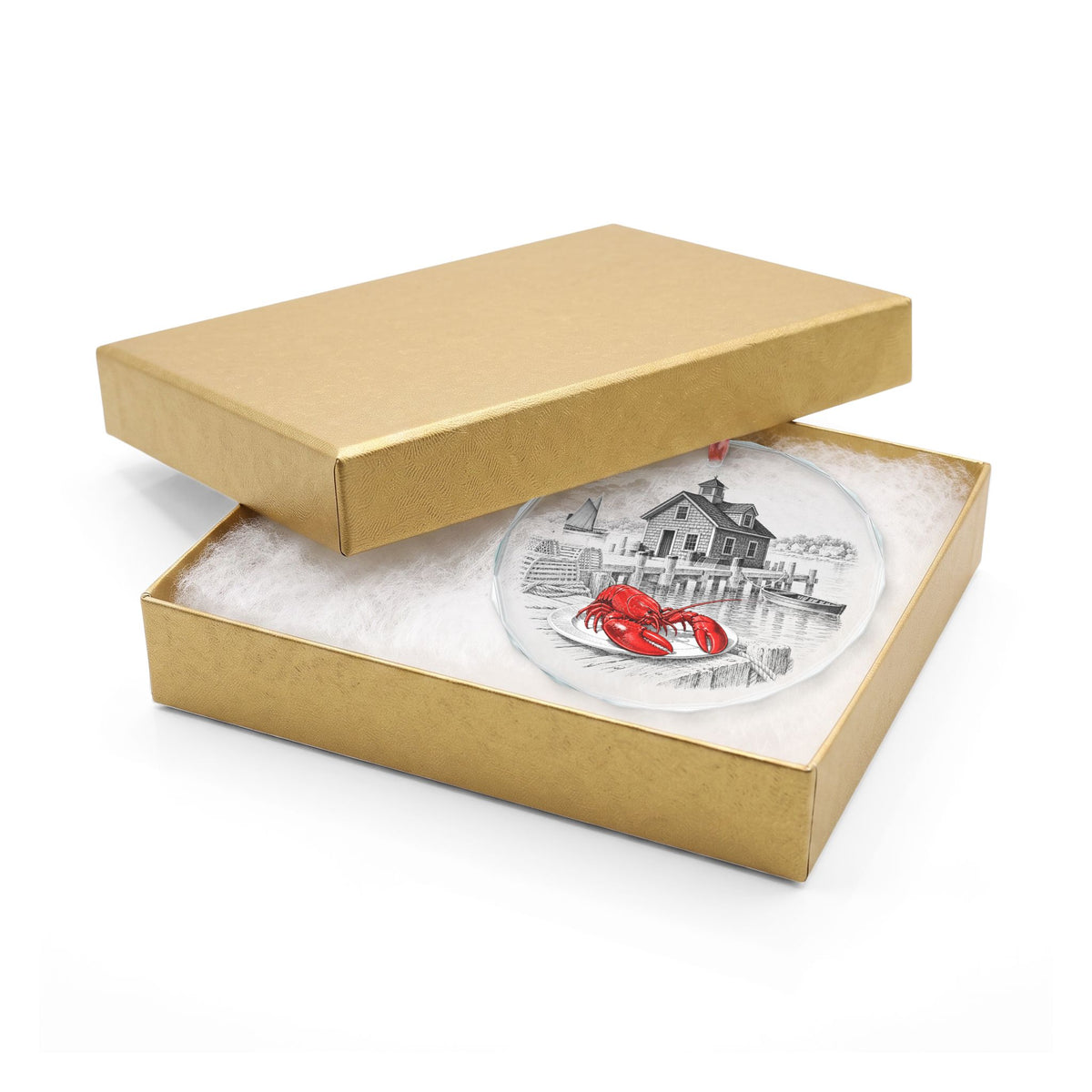 Clinton Connecticut Crystal Christmas Ornament in Gold Gift Box, Harbor Lobster Shack and Red Lobster on a Plate