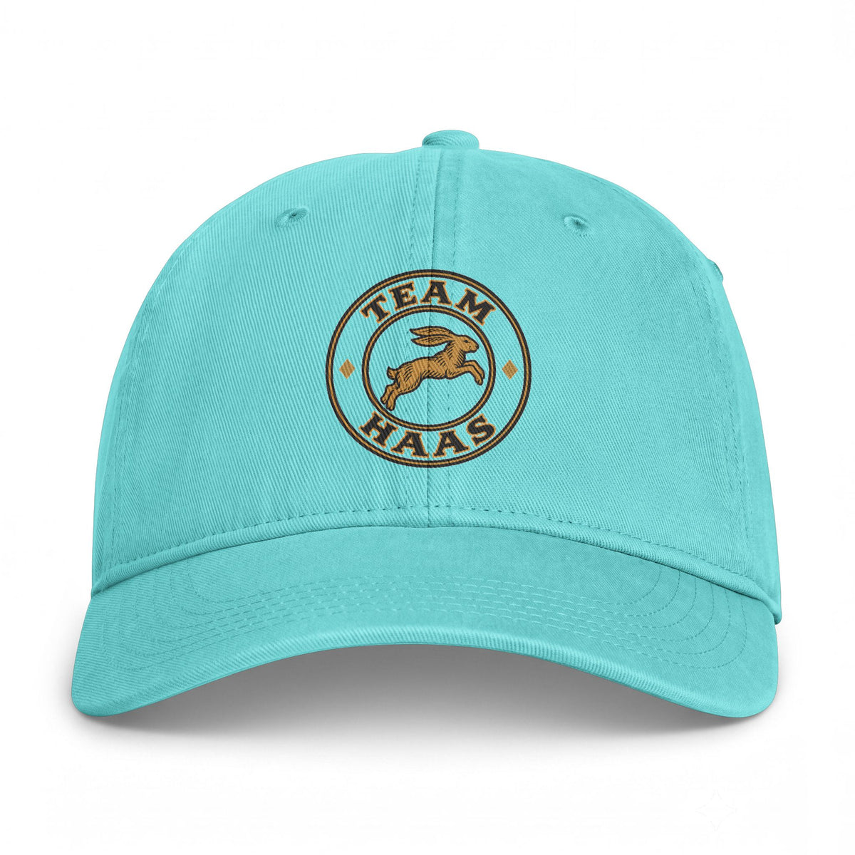 Chalky Mint Team Haas Hat, Leaping Hare Badge Printed on Washed Cotton Dad Cap