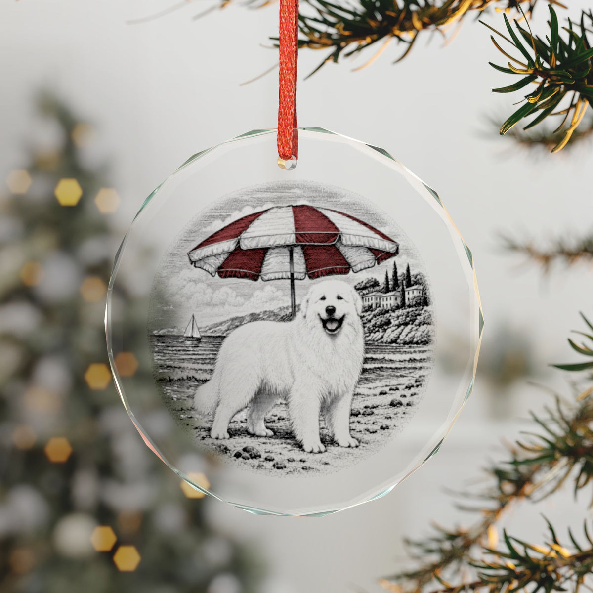 Great Pyrenees Crystal Christmas Ornament Hanging on a Lit Tree, Pen and Ink White Dog Under a Red and White Striped Riviera Parasol, Faceted Edge