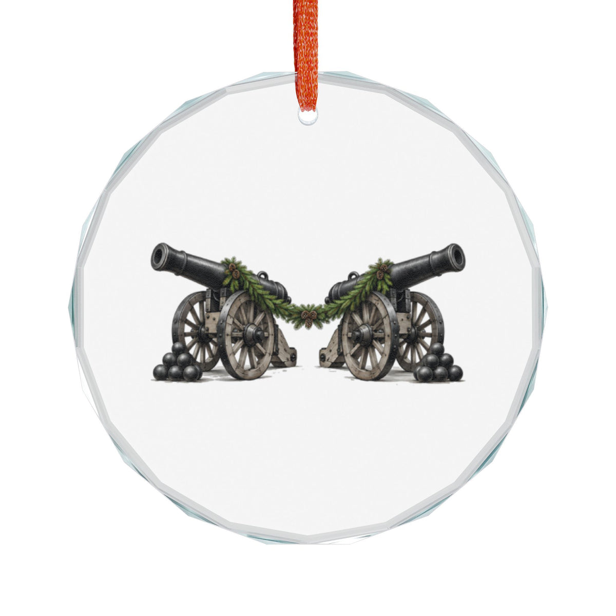 Stonington, Connecticut Holiday Ornament — Two Guns That Turned Back the Royal Navy — front view: two eighteen-pounder cannons on wooden carriages, angled outward in mirrored profile, pyramids of round shot stacked at each wheel
