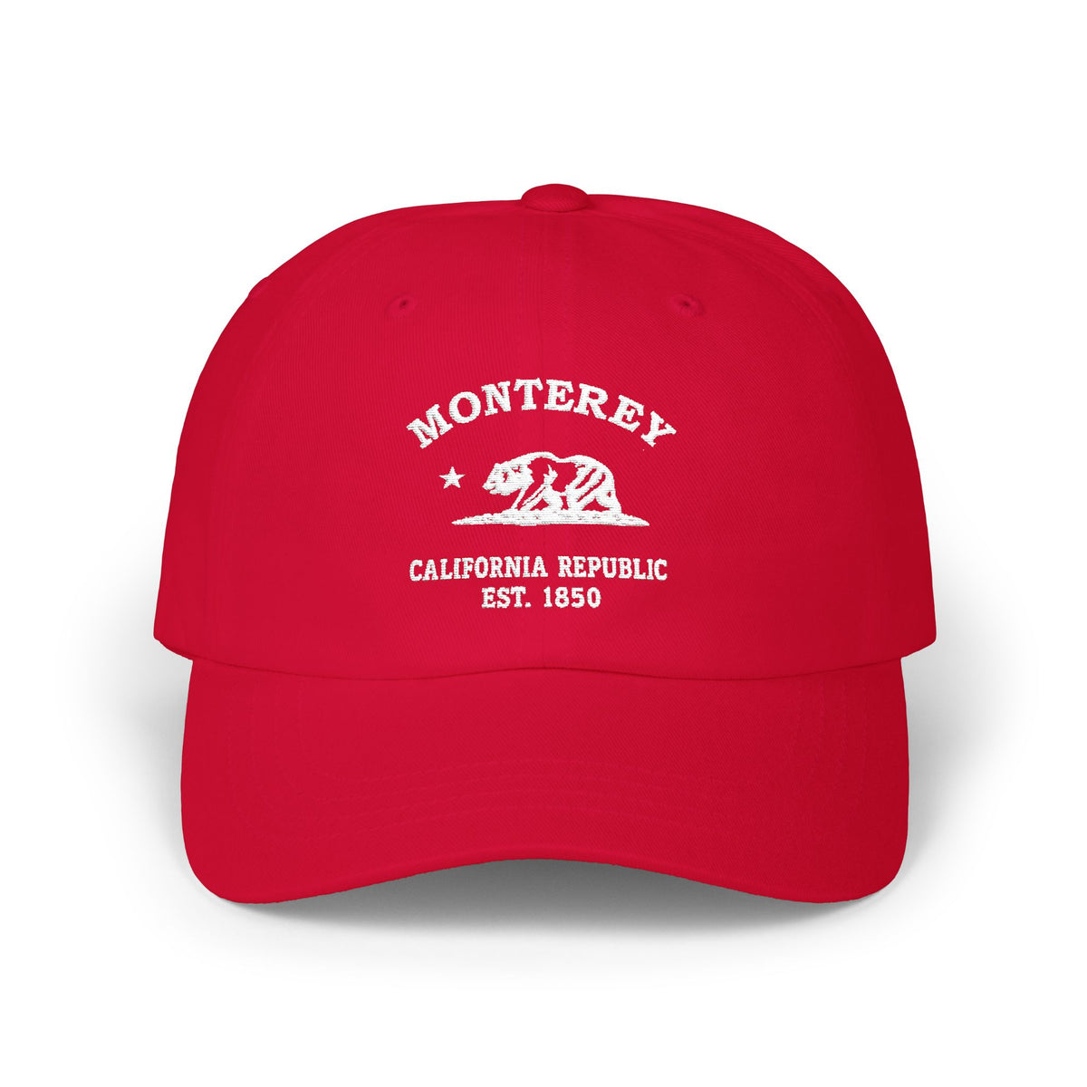 Monterey California Vintage Retro Embroidered Cotton Cap, Cranberry, White Logo