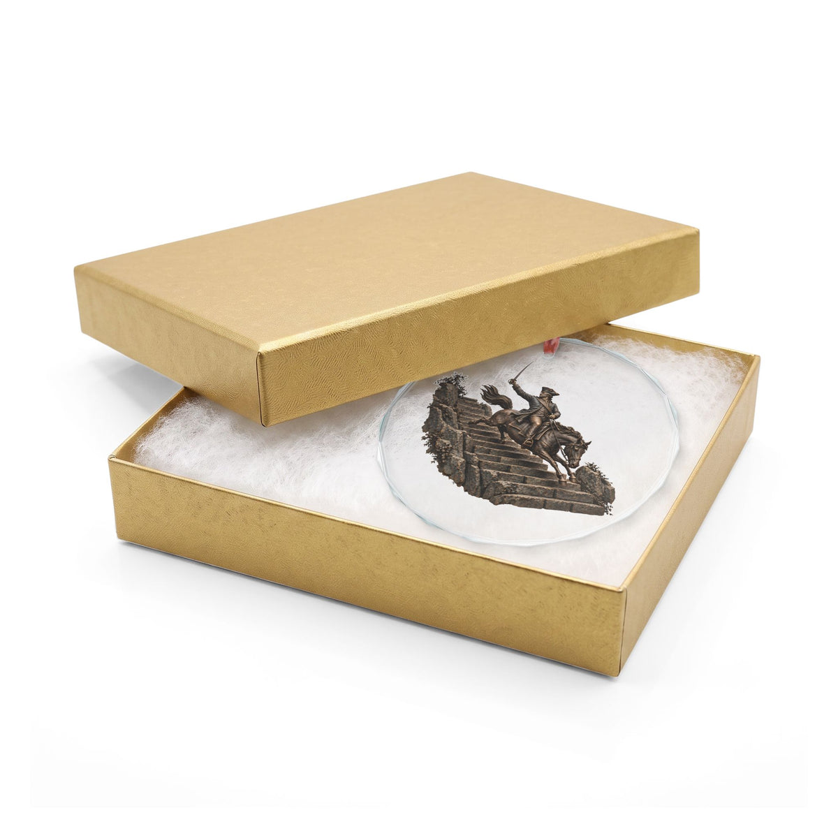 Bronze-Look Figure of General Israel Putnam on Horseback, Sword Raised, Riding Down Stone Steps on a Faceted Crystal Glass Ornament, In Its Gold Gift Box, Redding, Connecticut