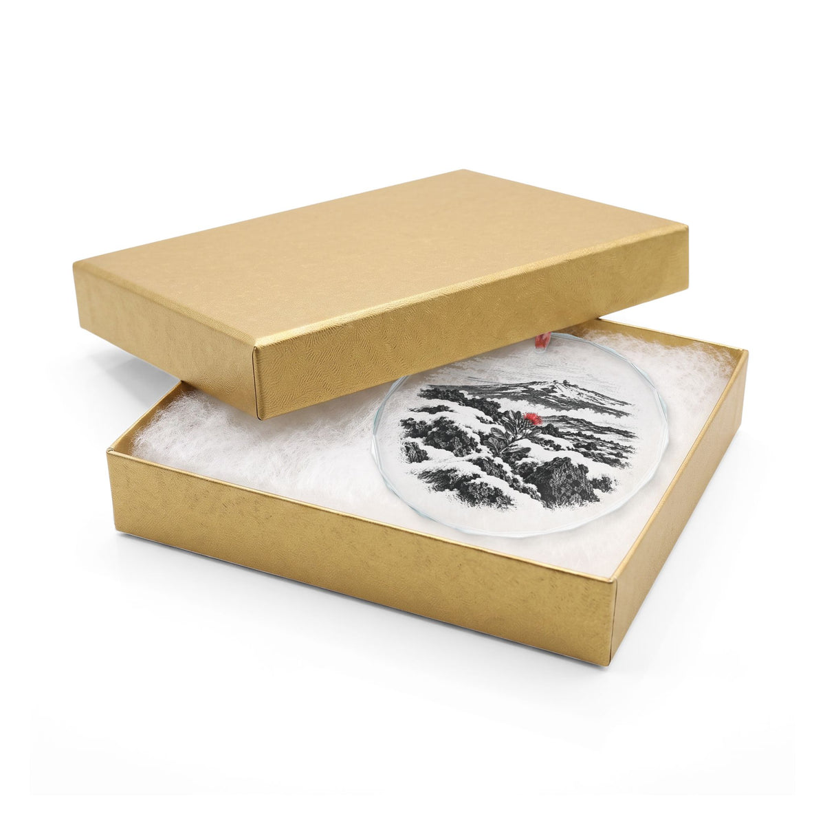 Big Island Hawaii Holiday Ornament, Snow on Black Lava, Crystal Glass Ornament in Gold Gift Box