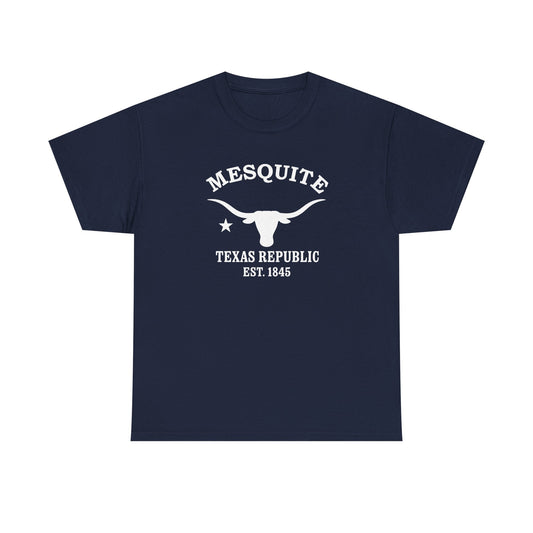Mesquite Texas Vintage Style Unisex Heavy Cotton Tee - White Retro Longhorn Logo, Navy