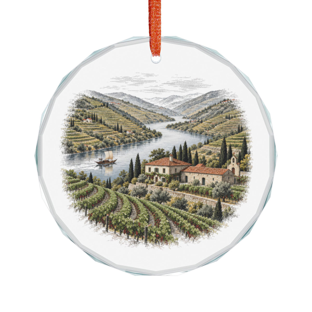 Douro Valley Portugal Crystal Holiday Ornament Hanging on White, Quinta, Vineyards and Rabelo Boat on the River