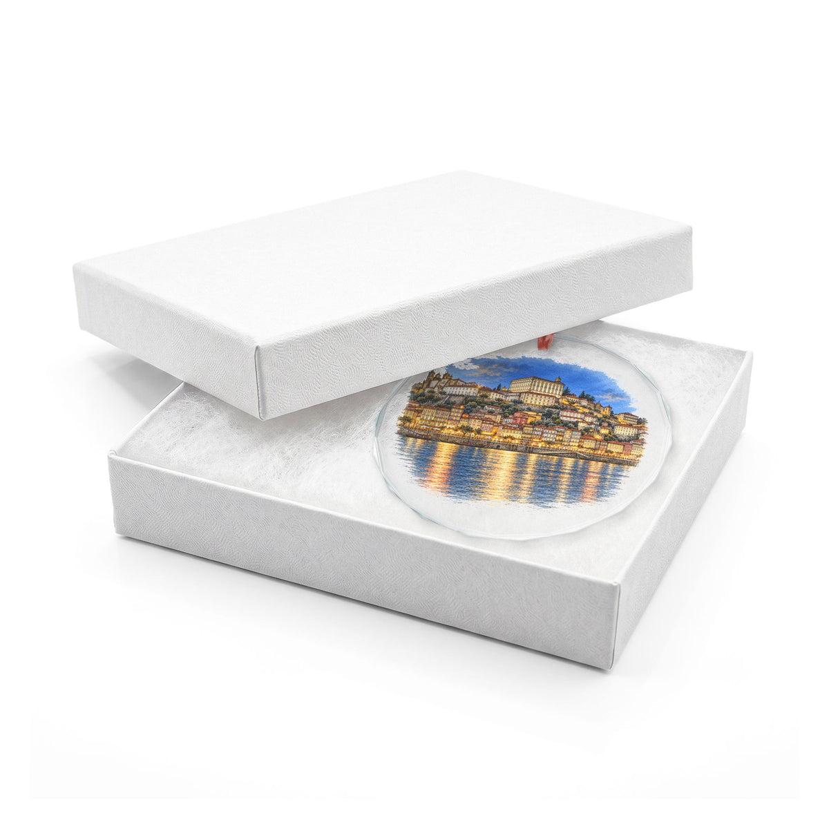 Porto Portugal Crystal Holiday Ornament in White Gift Box, the Ribeira at Dusk
