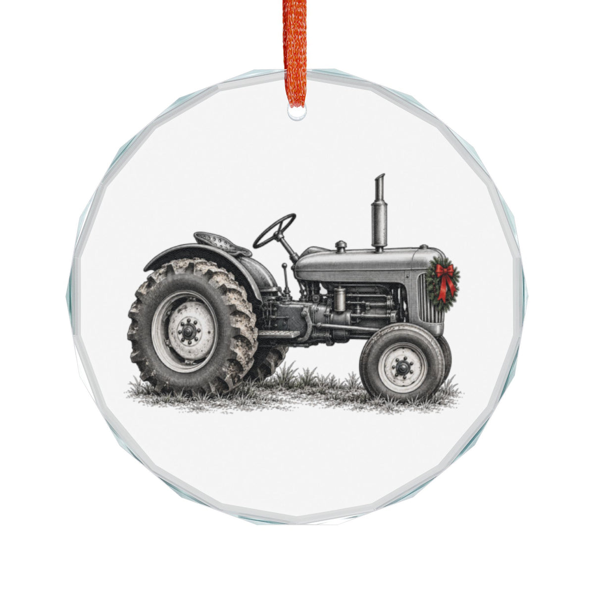 Vintage Tractor Crystal Ornament in Gold Gift Box, Engraving-Style Farm Tractor with Red-Bow Wreath