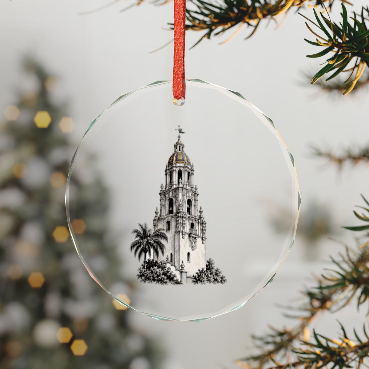 San Diego, California Holiday Ornament — The Fair Building They Refused to Tear Down — 3-inch faceted crystal glass ornament in gold gift box