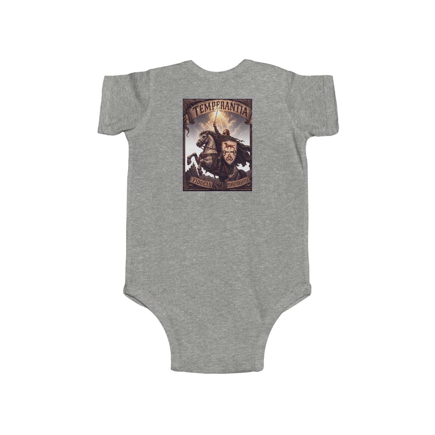 №108 Little Knight Baby Bodysuit · Live Your Best Knight · Temperantia Fiducia Perseverantia