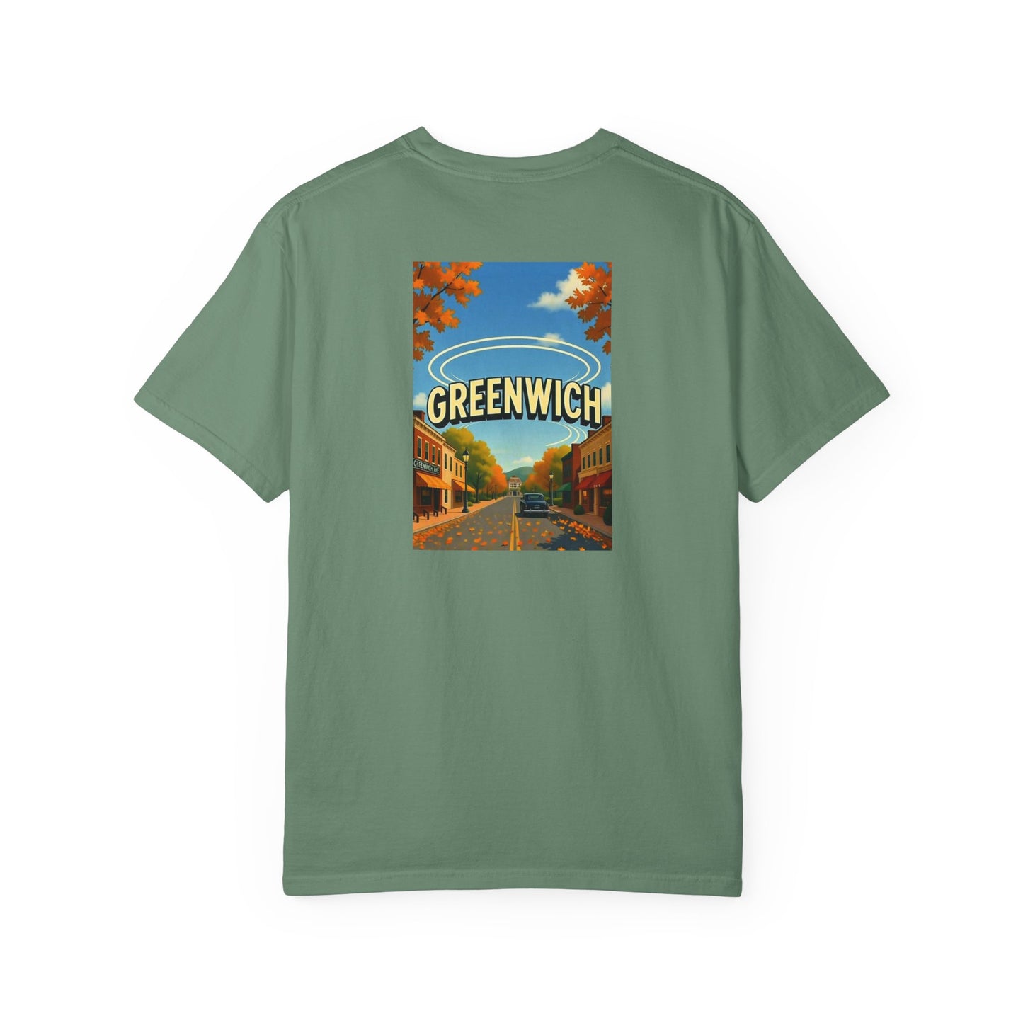 Greenwich Connecticut Vintage Retro Back Printed Art Series Cotton Tee - Black Logo