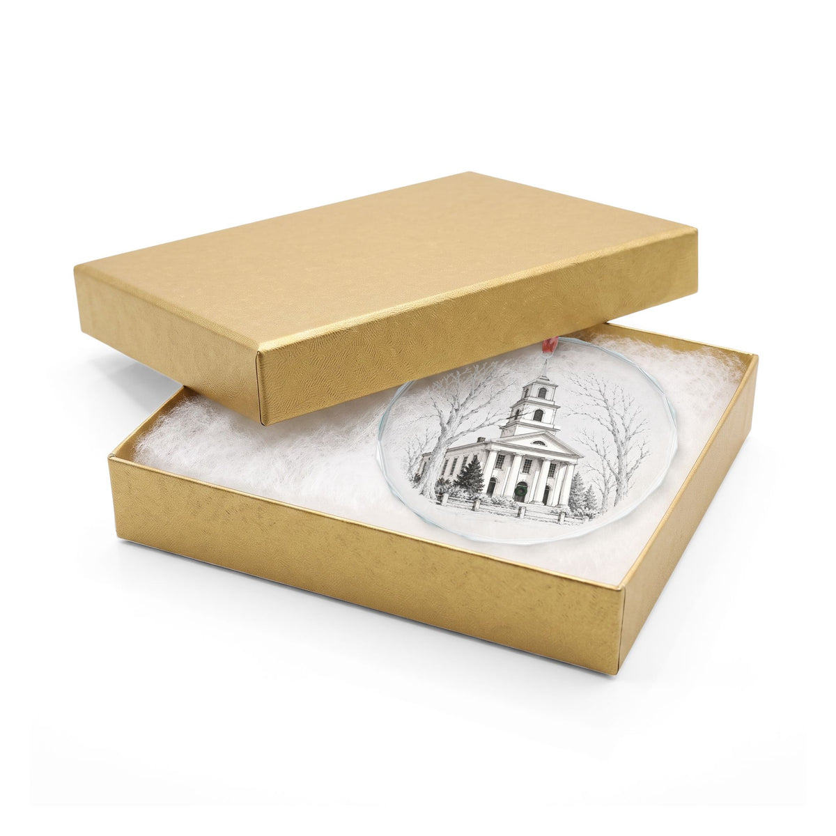 Old Lyme Connecticut Crystal Christmas Ornament in Gold Gift Box, First Congregational Church in Winter