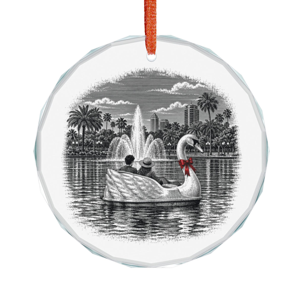 Orlando Florida Holiday Ornament, Lake Eola Swan Boat, Crystal Glass Ornament Hanging on White
