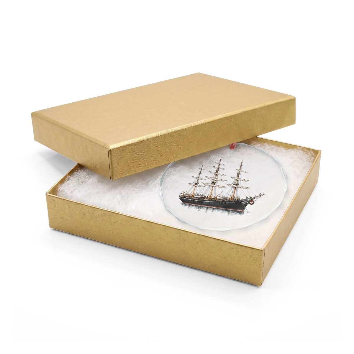 Mystic, Connecticut Holiday Ornament — Five Small Boats and a Three-Year Voyage — crystal ornament hanging by red ribbon, faceted beveled edge