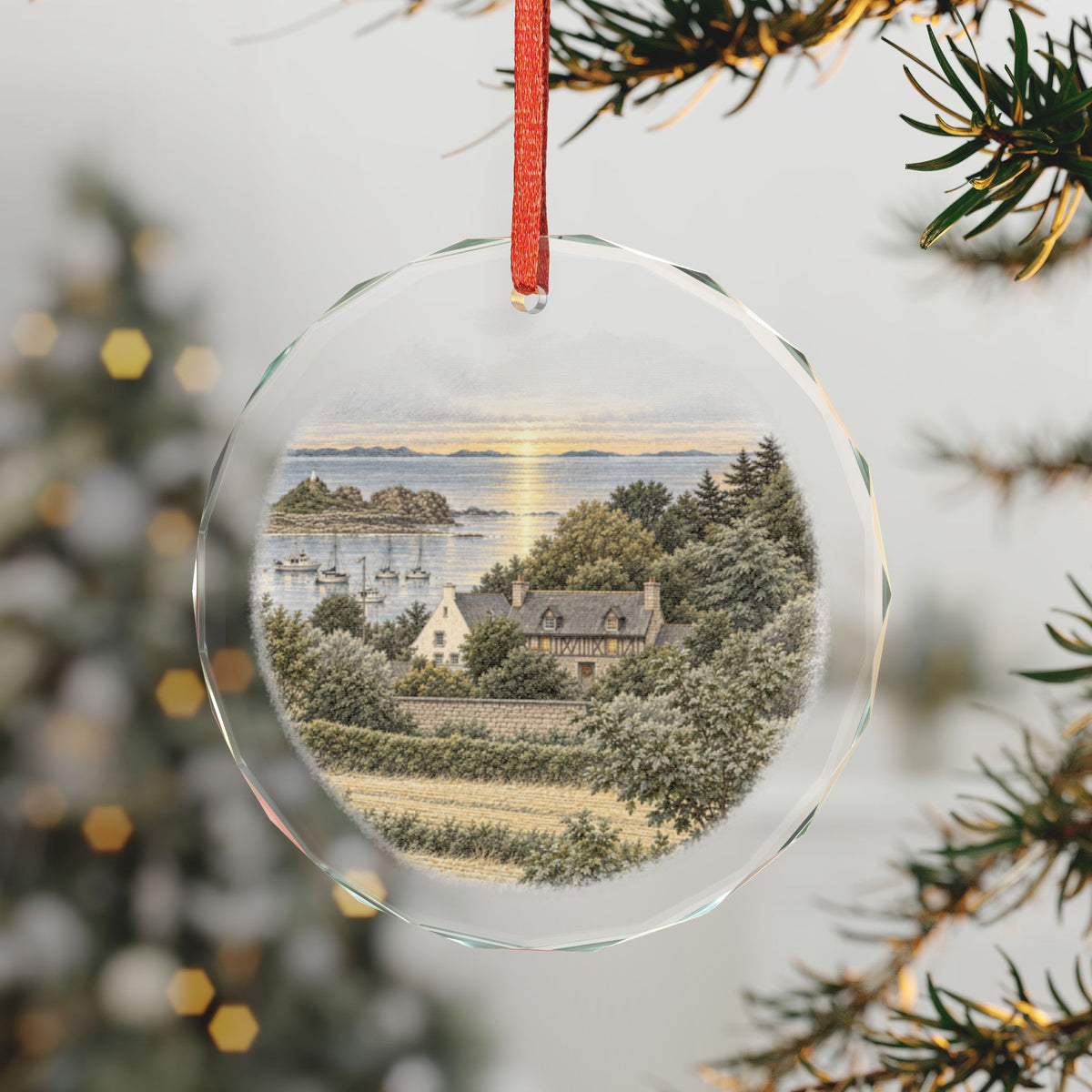 Brittany Farmhouse by the Sea Crystal Holiday Ornament on the Tree, Breton Harbor and Lighthouse at Dusk