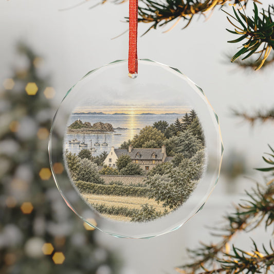 Brittany Farmhouse by the Sea Crystal Holiday Ornament on the Tree, Breton Harbor and Lighthouse at Dusk