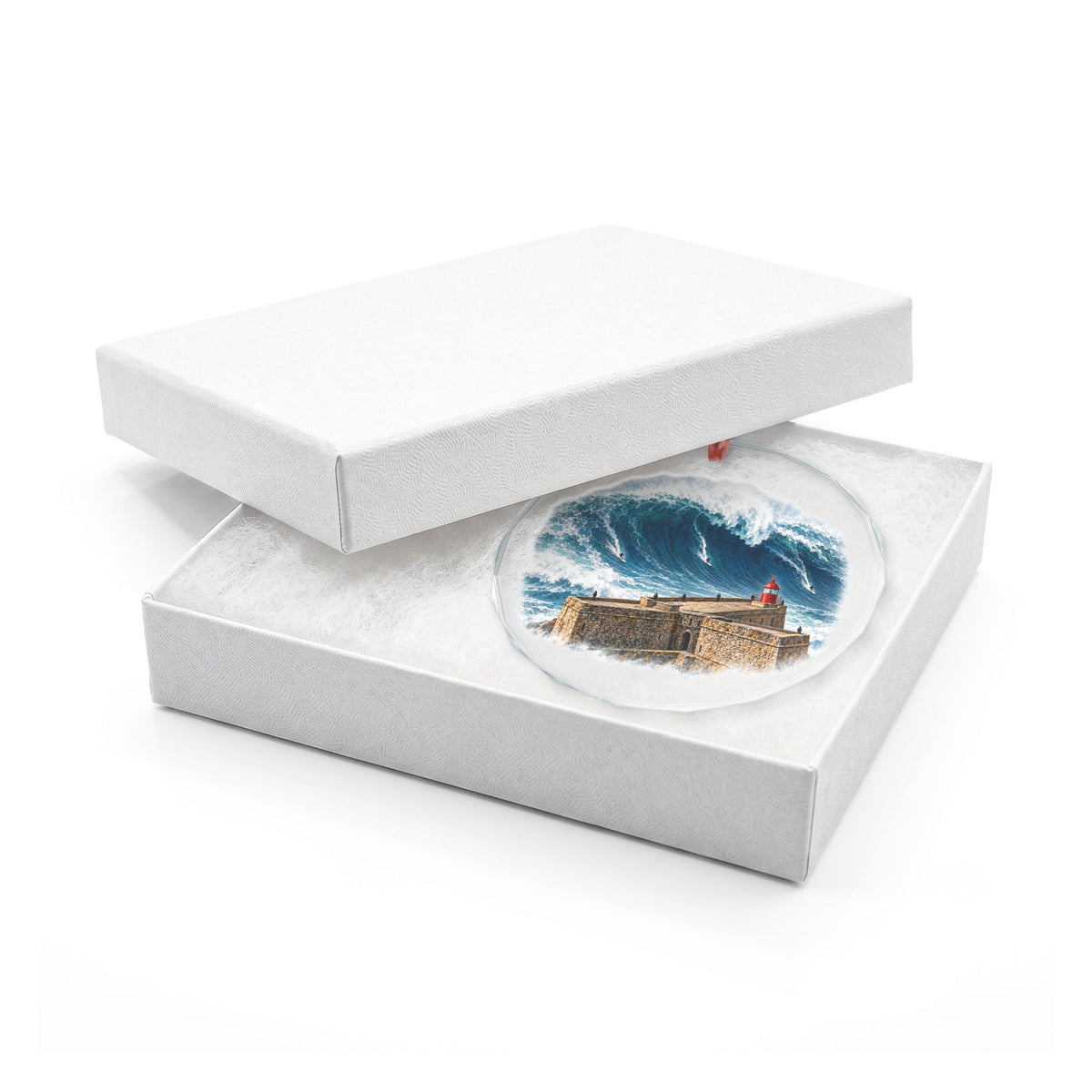 Nazaré Portugal Crystal Holiday Ornament in White Gift Box, Lighthouse and Giant Wave