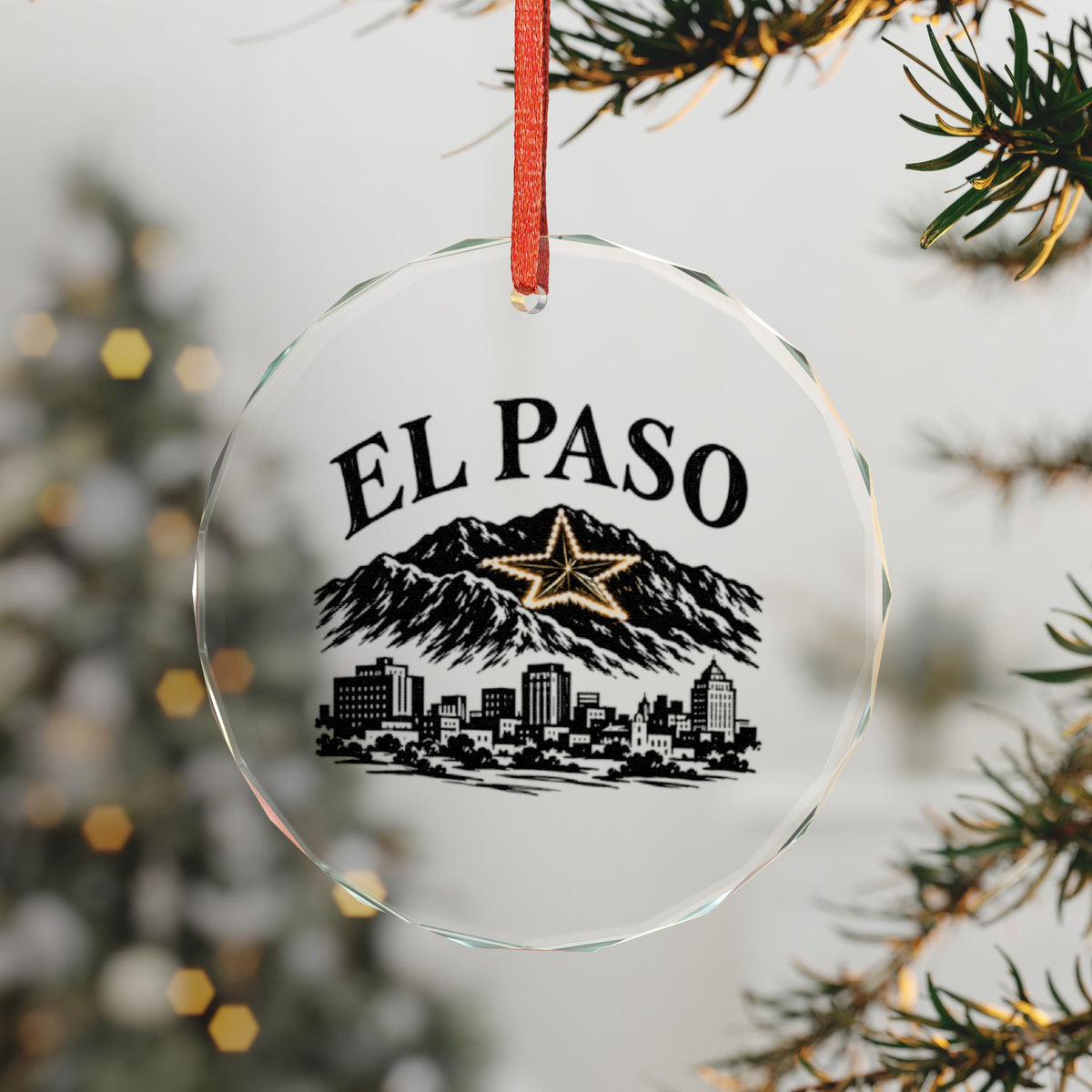 El Paso, Texas Holiday Ornament — The Star Lit Above the Pass Since 1940 — 3-inch faceted crystal glass ornament in white gift box