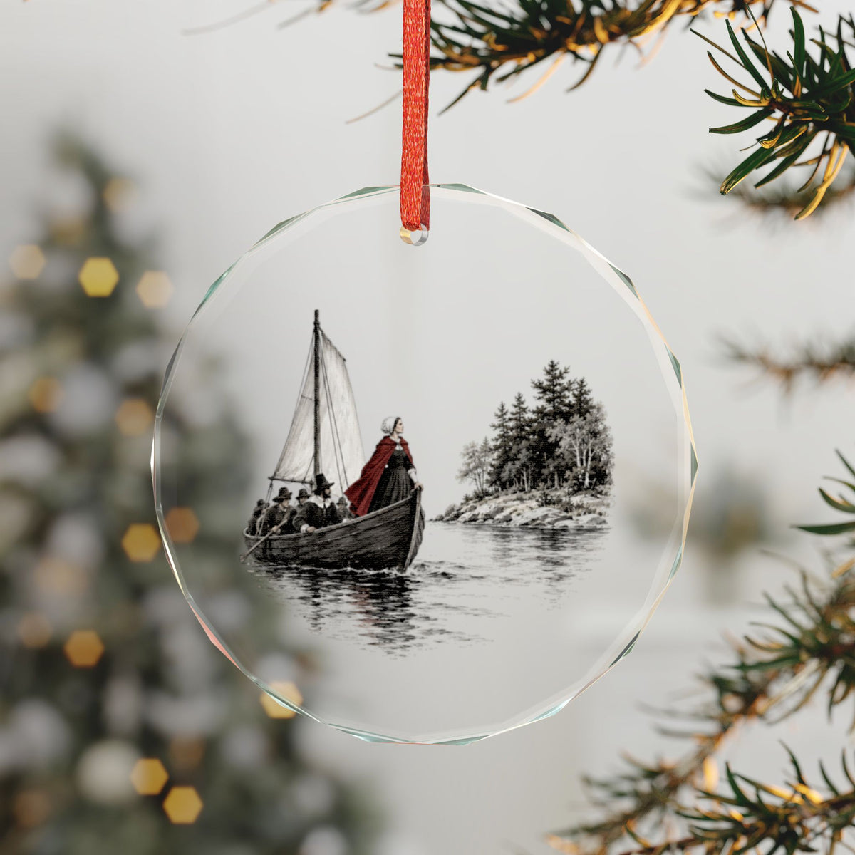 Old Greenwich, Connecticut Holiday Ornament — The Woman Whose Name Is on the Deed — 3-inch faceted crystal glass ornament in gold gift box