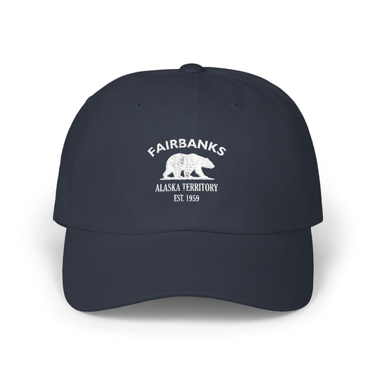 Fairbanks Alaska Vintage Style Embroidered Cotton Cap - White Retro Bear Logo, Navy