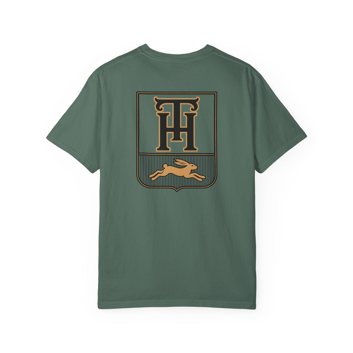 Blue Spruce Team Haas Tee with TH Family Crest and Leaping Hare Seal, Comfort Colors 1717