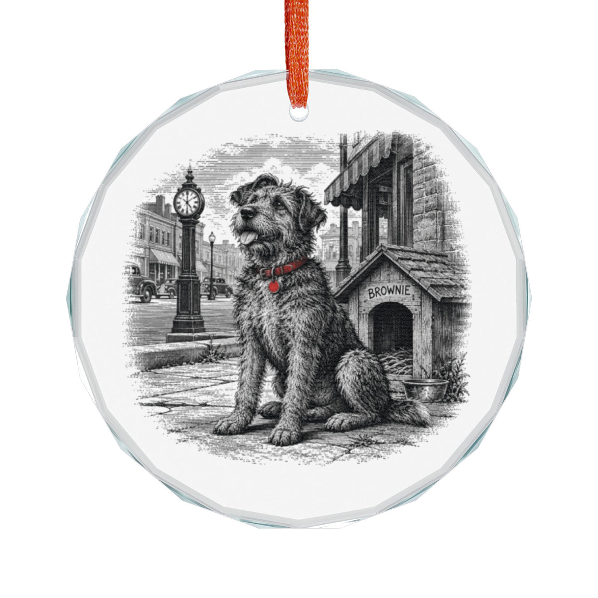 Daytona Beach Florida Holiday Ornament, Brownie the Town Dog, Crystal Glass Ornament Hanging on White