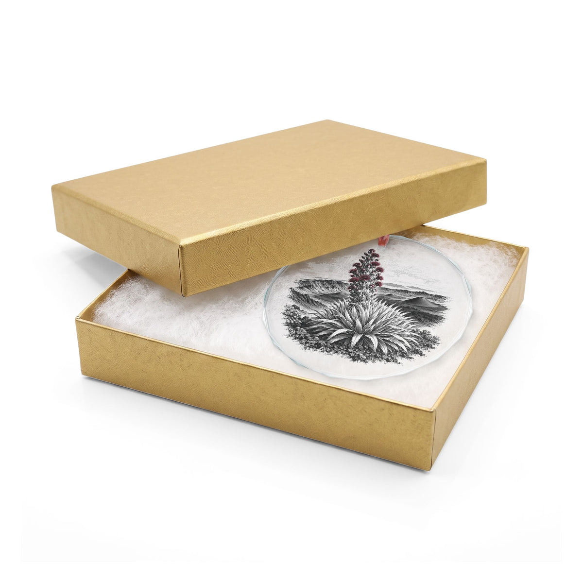 Haleakala Hawaii Holiday Ornament, Silversword, Crystal Glass Ornament in Gold Gift Box