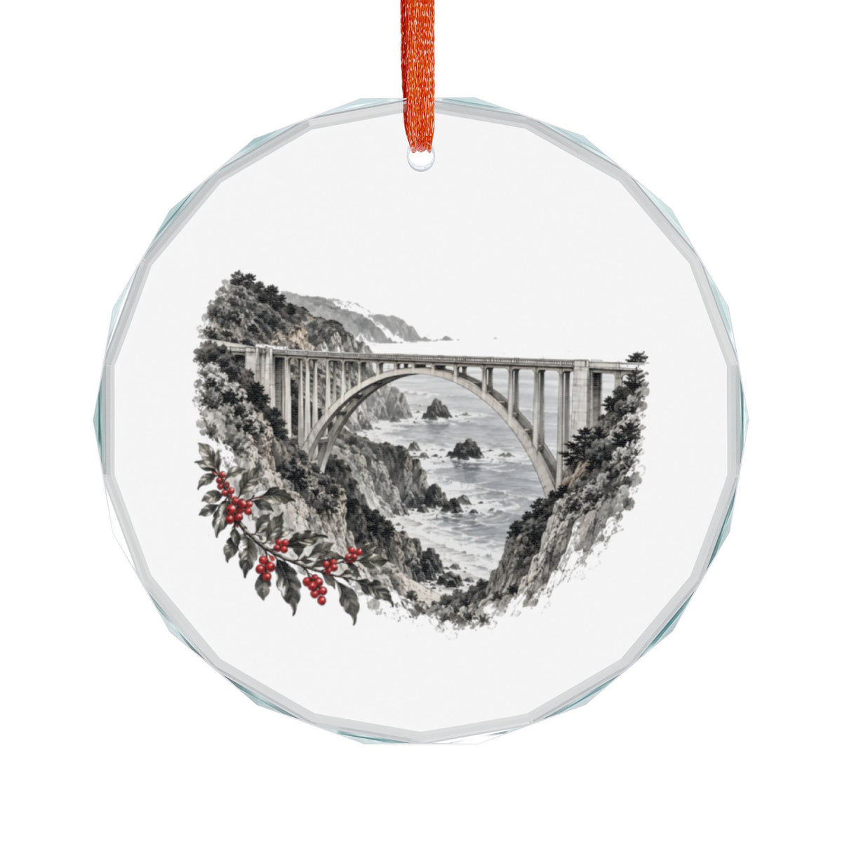 Big Sur, California Holiday Ornament — One Arch Across an Impossible Coast — angled view of the gem-cut crystal edge catching light