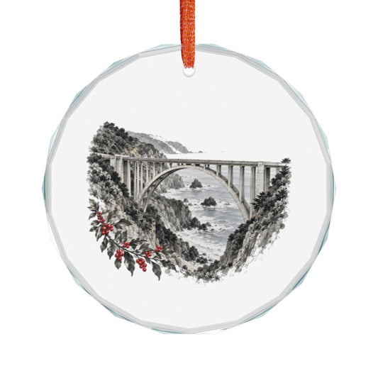 Big Sur, California Holiday Ornament — One Arch Across an Impossible Coast — angled view of the gem-cut crystal edge catching light