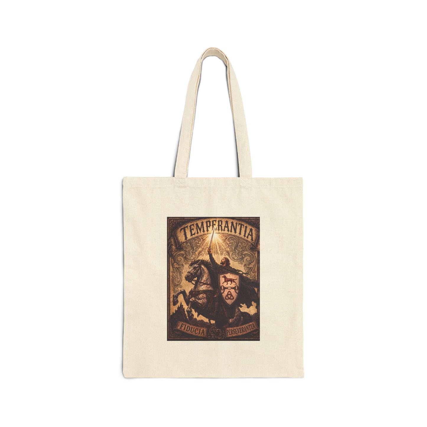 №108 Knight Crest Canvas Tote Bag · Live Your Best Knight · Temperantia Fiducia Perseverantia