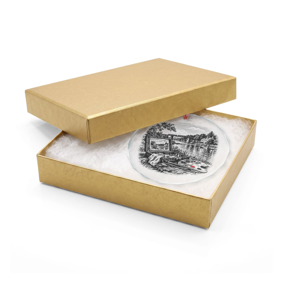 Cos Cob Connecticut Holiday Ornament, Art Colony Paint Box, Crystal Glass Ornament in Gold Gift Box
