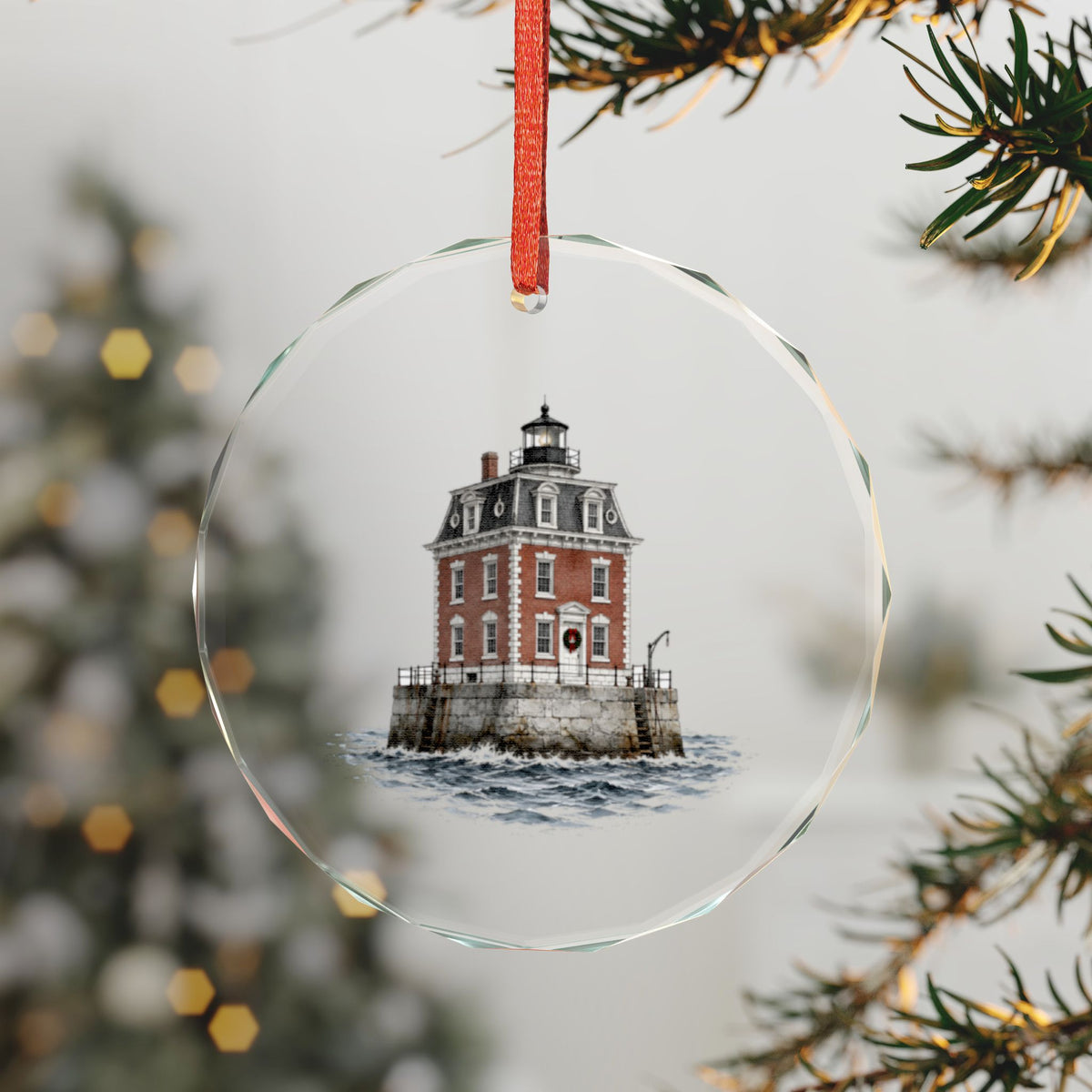 New London, Connecticut Holiday Ornament — The Brick Mansion Standing in the Water — 3-inch faceted crystal glass ornament in gold gift box