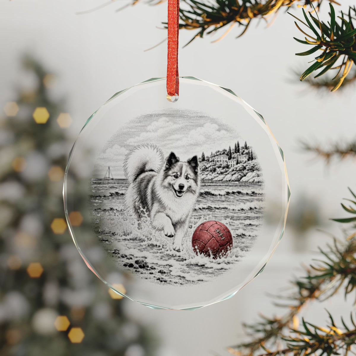 Icelandic Sheepdog Crystal Christmas Ornament Hanging on a Lit Tree, Pen and Ink Spitz Running Through Surf With a Red Soccer Ball, Faceted Edge