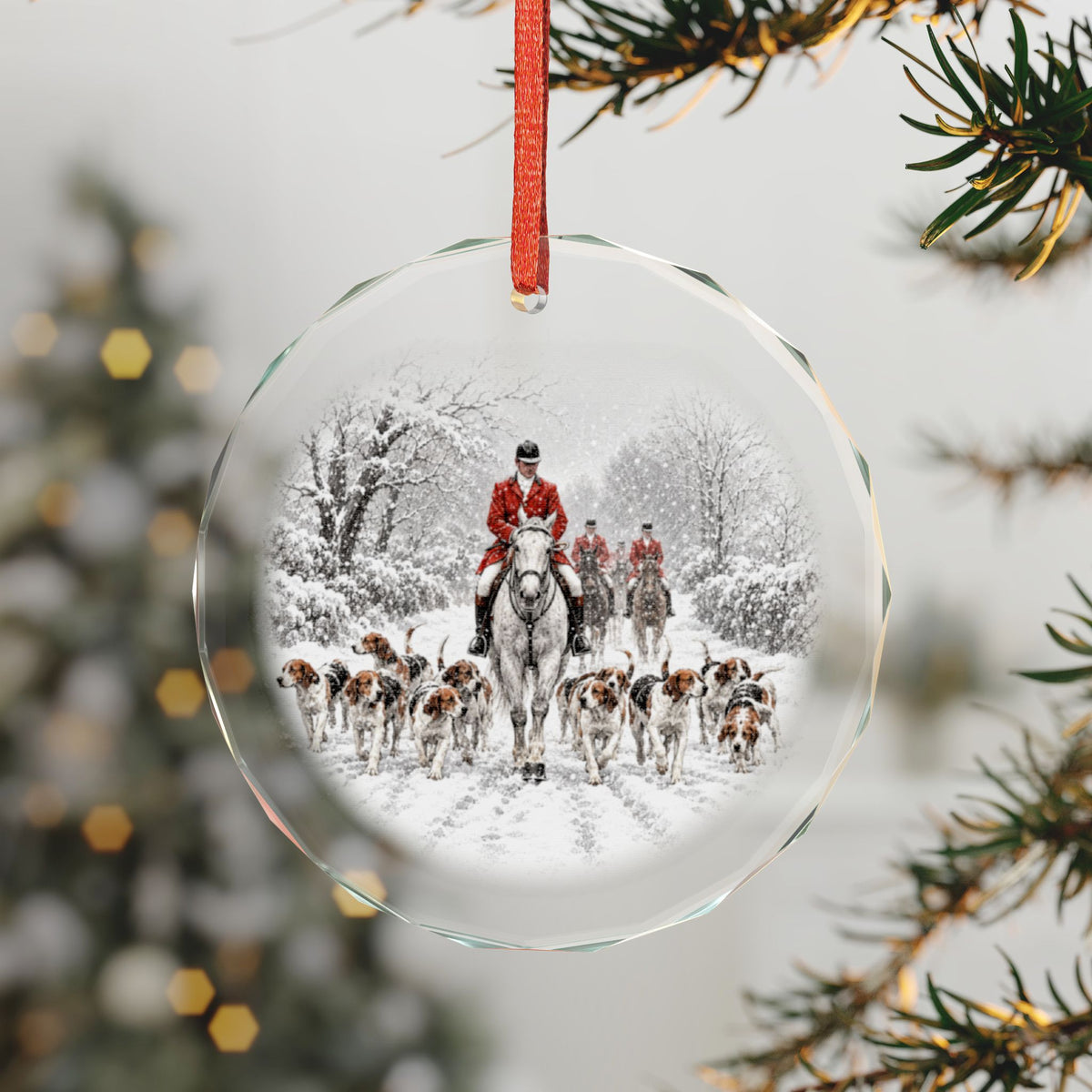 Virginia Hunt Country Crystal Holiday Ornament on the Tree, Scarlet-Coated Huntsman and Hounds in Snow