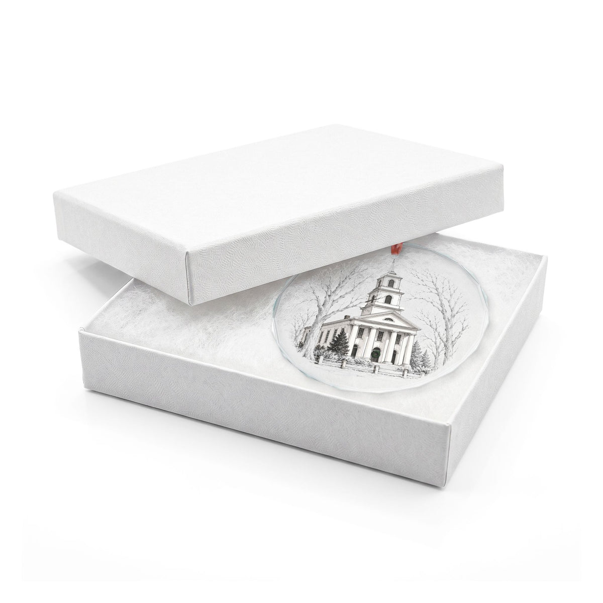 Old Lyme Connecticut Crystal Christmas Ornament in White Gift Box, First Congregational Church in Winter
