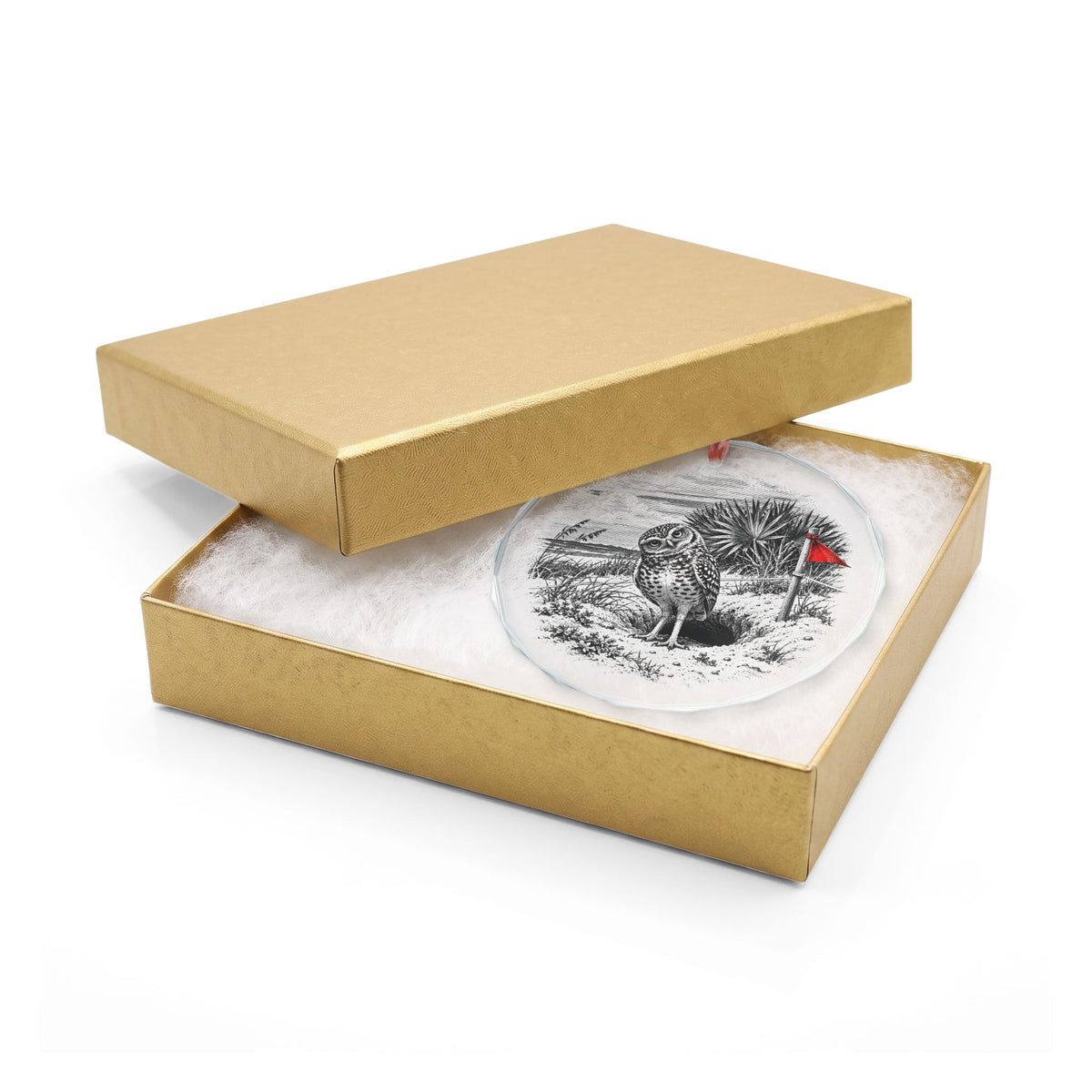 Marco Island Florida Holiday Ornament, Burrowing Owl, Crystal Glass Ornament in Gold Gift Box