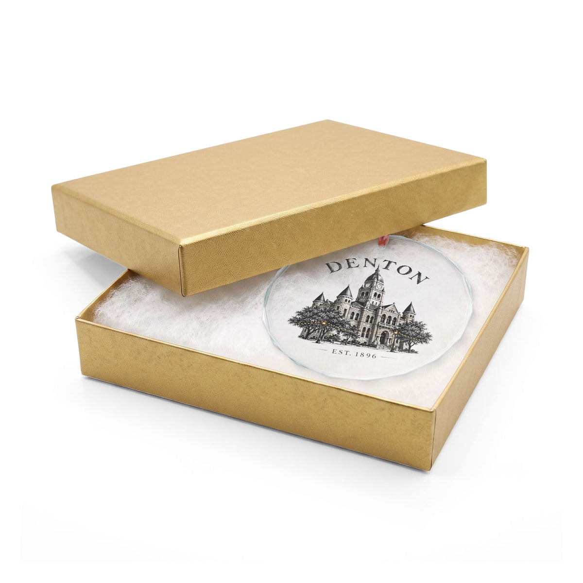 Denton, Texas Holiday Ornament — The Clock Tower That Held the Square — crystal ornament hanging by red ribbon, faceted beveled edge
