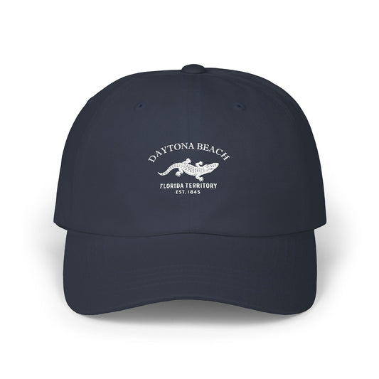 Daytona Beach Florida Vintage Style Embroidered Cotton Cap - White Retro Alligator Logo, Navy